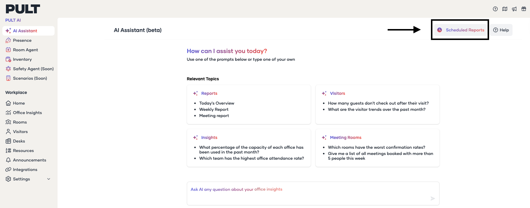 AI Assistant interface with Scheduled Reports button highlighted