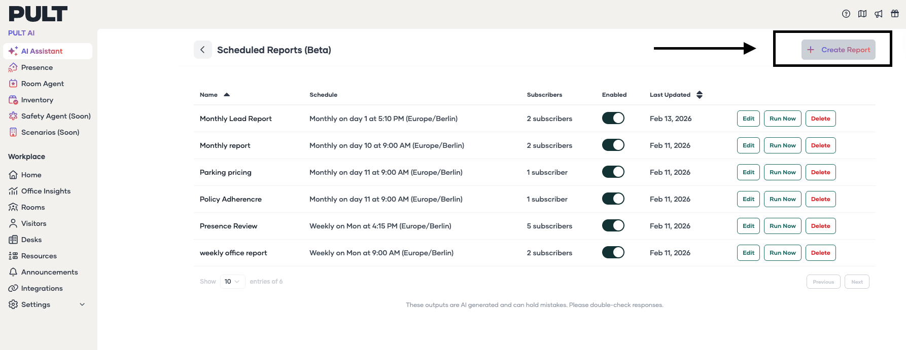 Dashboard showing Create Report button