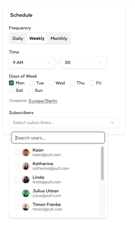 Scheduling panel with frequency and time options