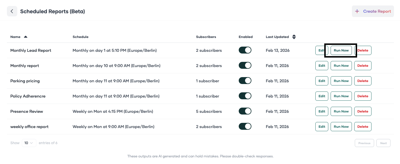 Scheduled Reports list with management options