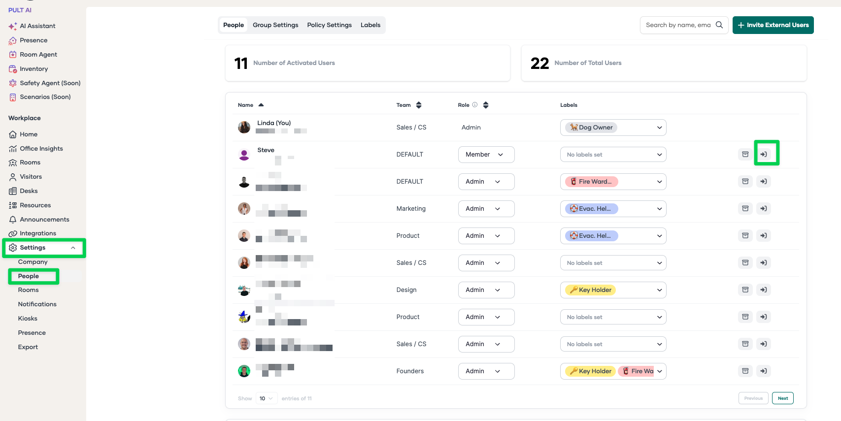 Image of a software admin dashboard showing a list of activated users with their roles and labels, with a highlighted action icon on a user row for signing in as that user.