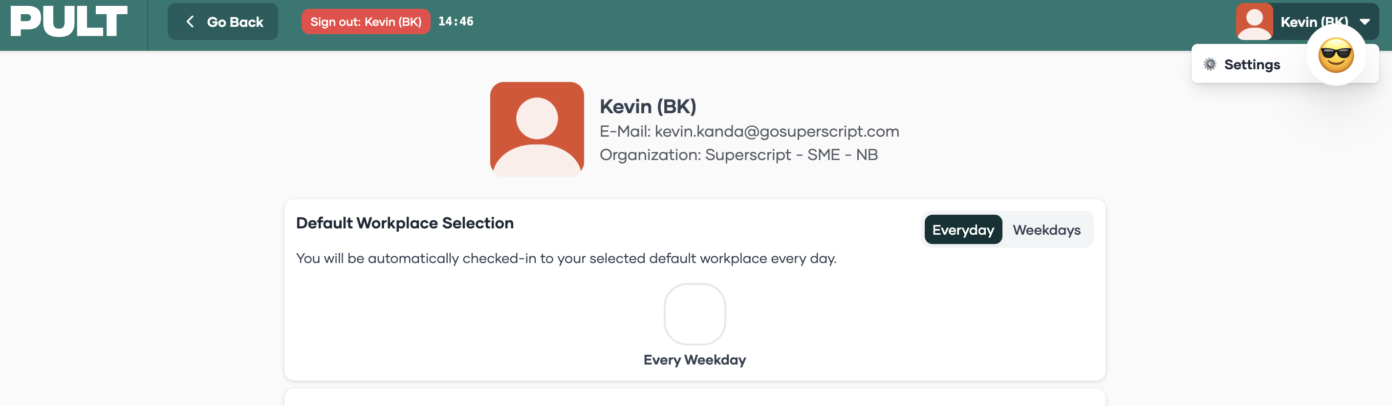 Image of a user profile/settings page showing a Settings menu open and a card titled Default Workplace Selection for adjusting default bookings.