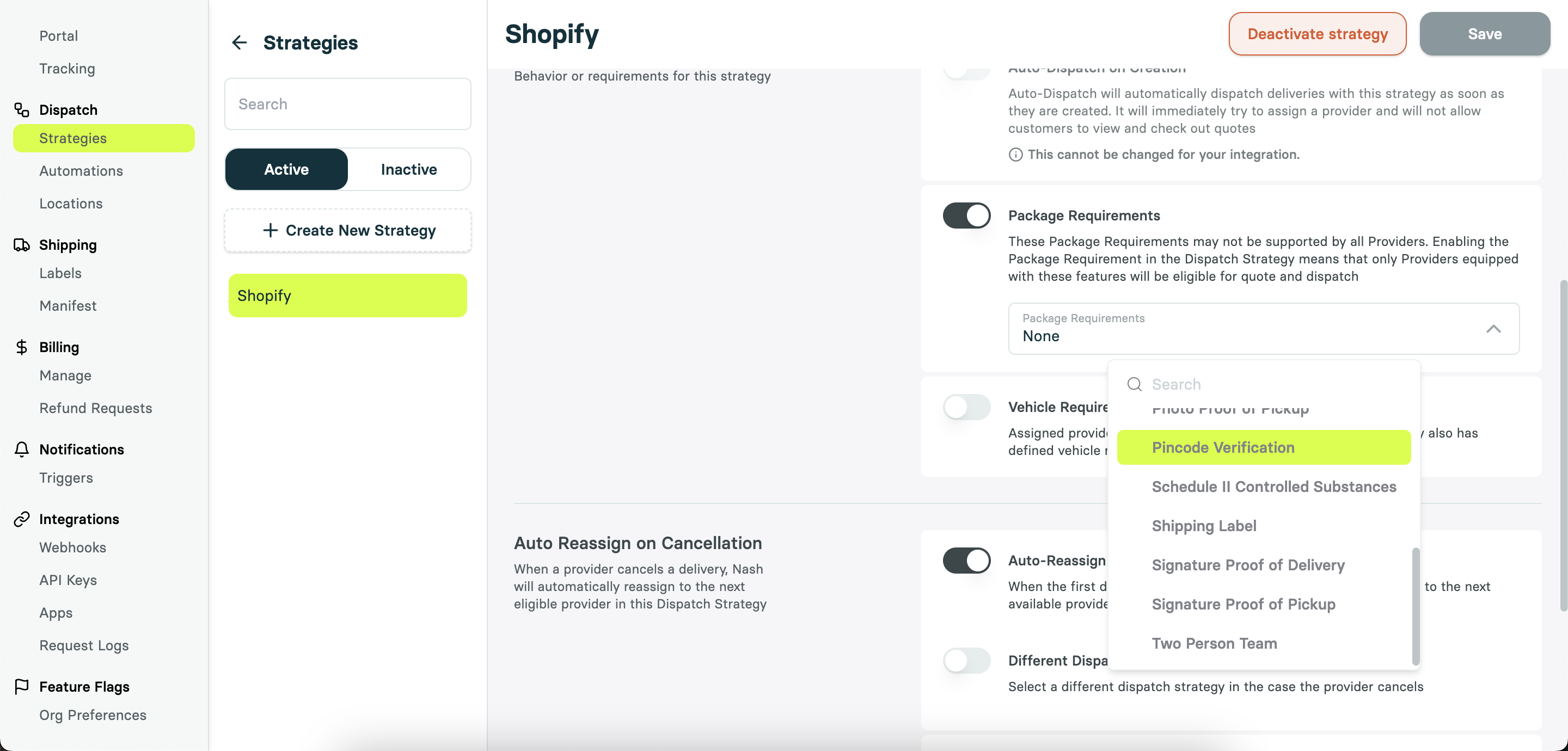 Shopify dispatch strategies settings page, showing the 'Package Requirements' section where the user can enable 'Pincode Verification' as one of the package requirements for this dispatch strategy.