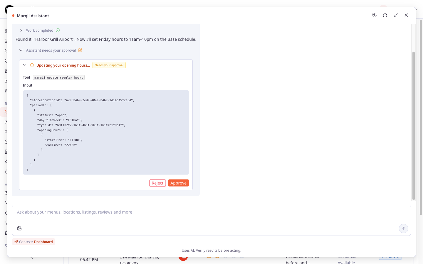 screenshot-reviewing-and-approving-changes-1.png Approval card in the Marqii Assistant panel showing the Needs your approval tag with Reject and Approve buttons