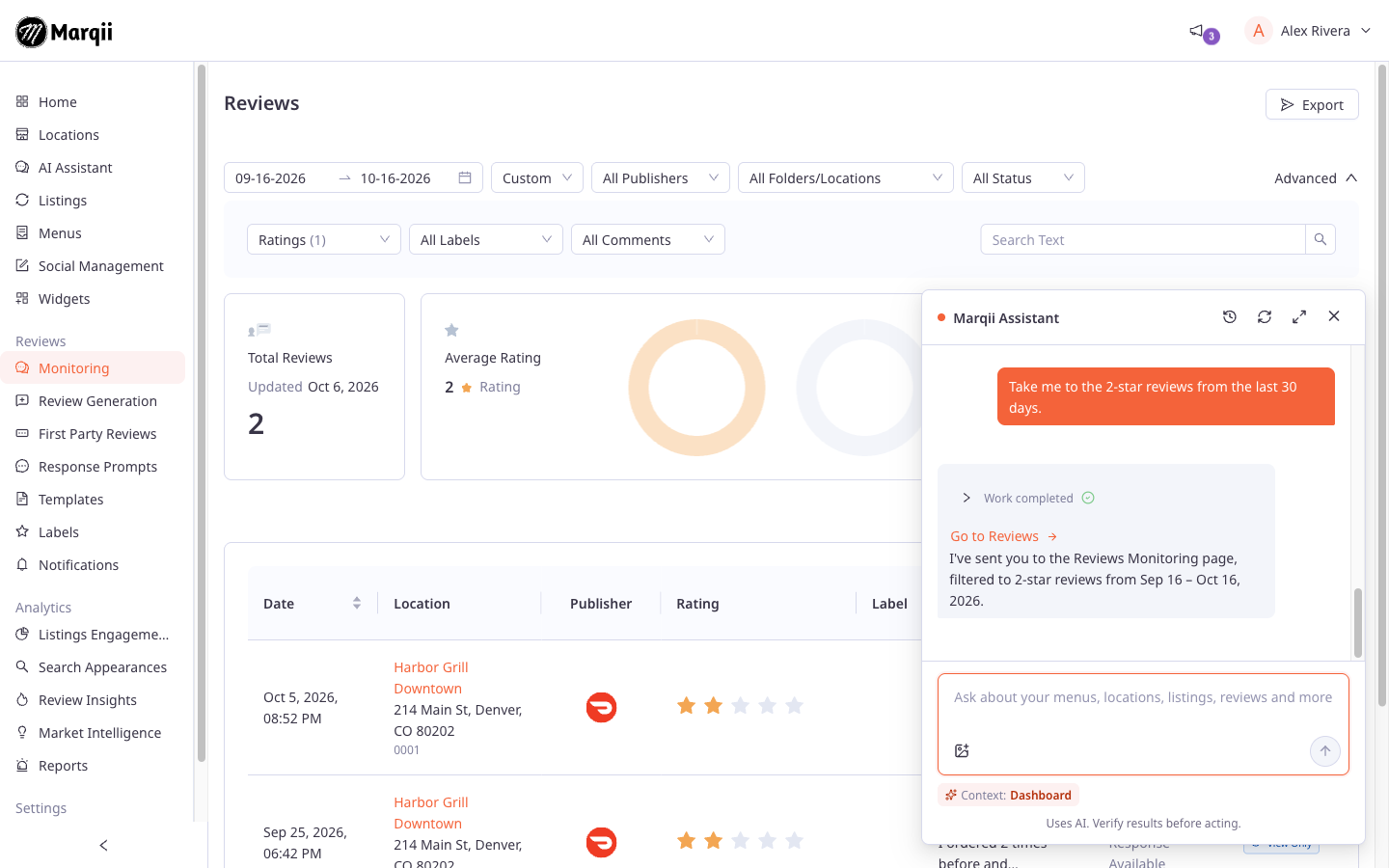 screenshot-navigating-the-dashboard-with-marqii-assistant-1.png Marqii Assistant reply with a Go to Reviews link after opening the Reviews page with filters applied