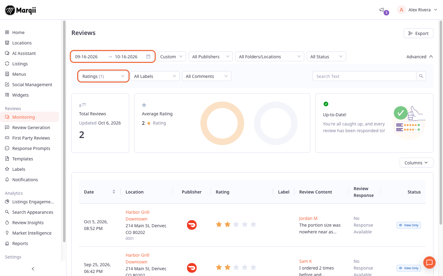 screenshot-navigating-the-dashboard-with-marqii-assistant-2.png Reviews Monitoring page opened by Marqii Assistant with date and rating filters applied