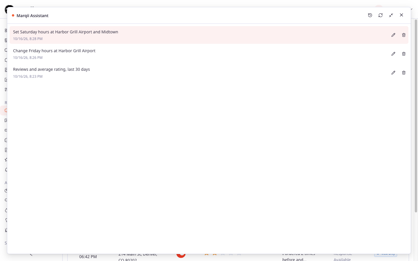 screenshot-managing-your-conversations-2.png Conversation history list in Marqii Assistant showing conversation names, last-active times, and rename and delete icons