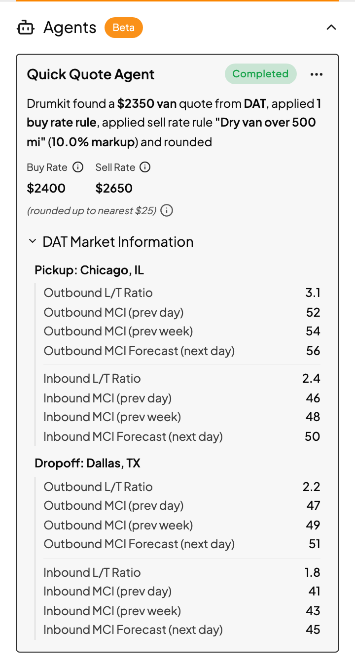 The Agents section in Quick Quote, showing how the agent priced the lane The Agents section in Quick Quote, showing how the agent priced the lane