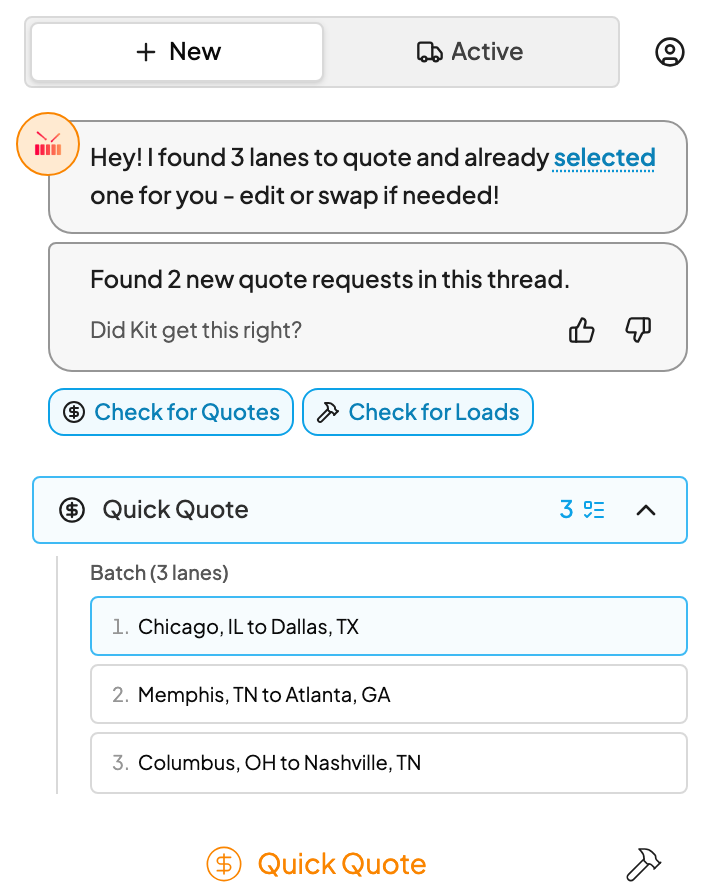 Found 2 new quote requests in this thread, with the two new lanes added to Kit's list Found 2 new quote requests in this thread, with the two new lanes added to Kit's list