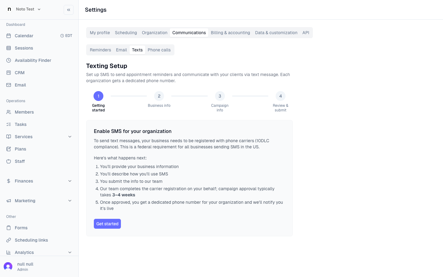 The SMS settings tab where admins start the registration wizard The SMS settings tab where admins start the registration wizard
