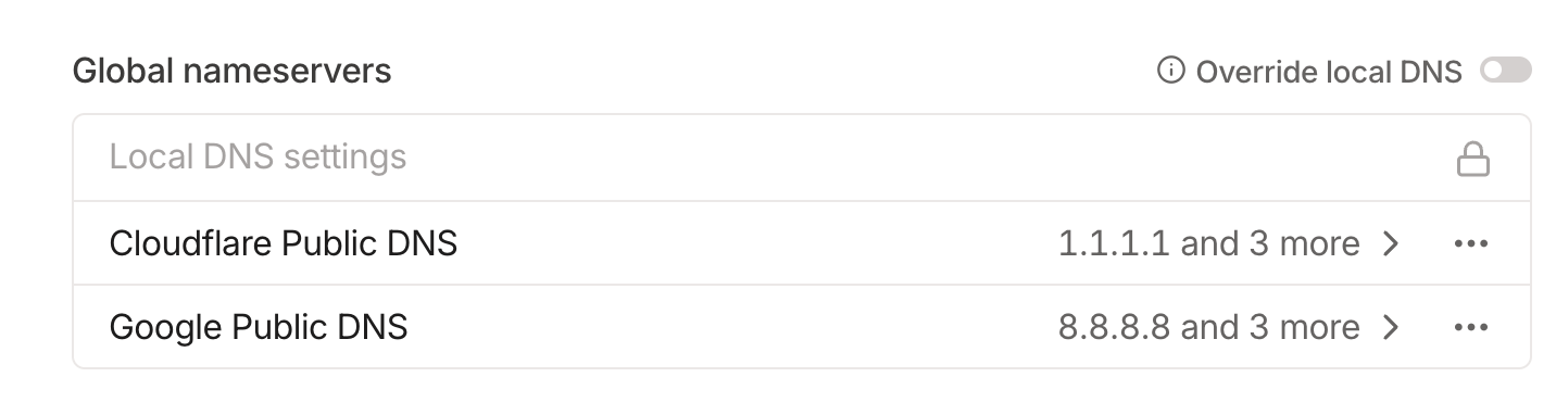 Image of the Global nameservers settings page in the Tailscale admin console. The page shows options to override the local DNS settings, with options to use Cloudflare Public DNS and Google Public DNS. The 'Override local DNS' switch is currently turned off.