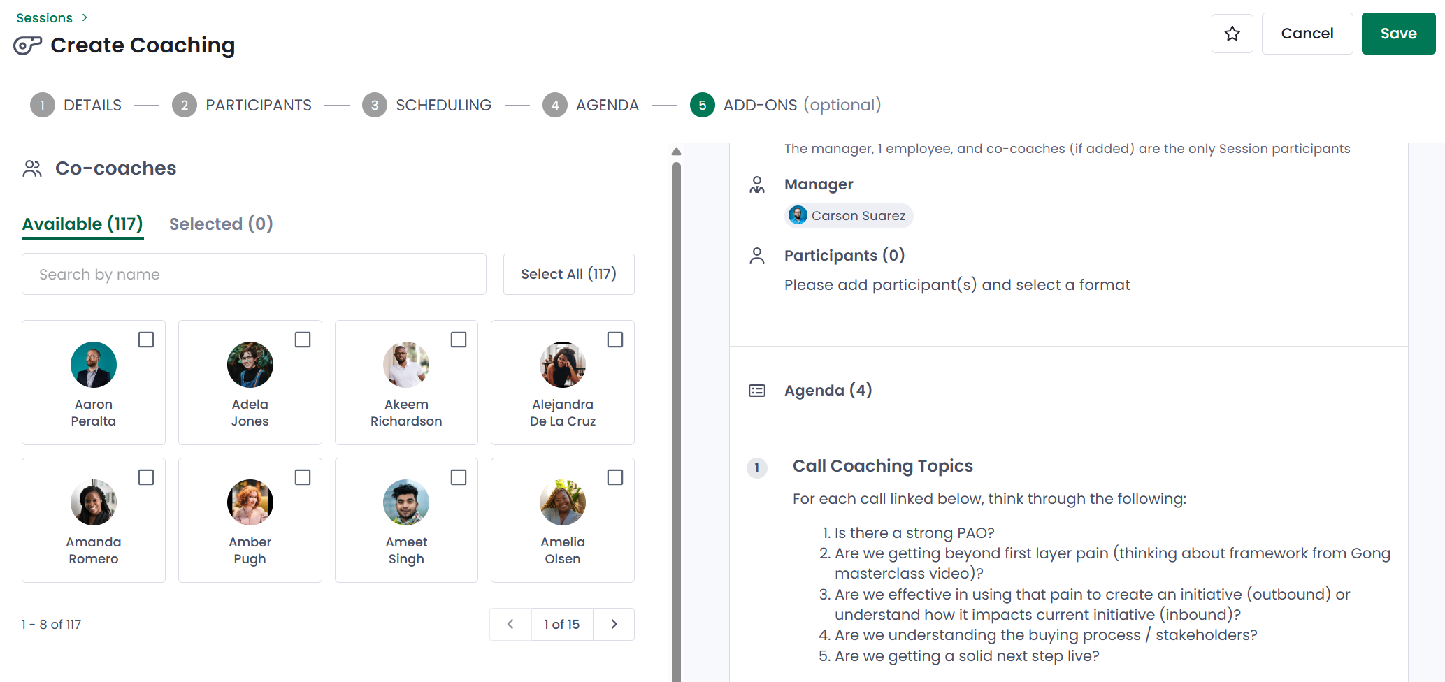 Create Coaching - Add Co-coaches.png Add-Ons tab, showing the co-coaches section