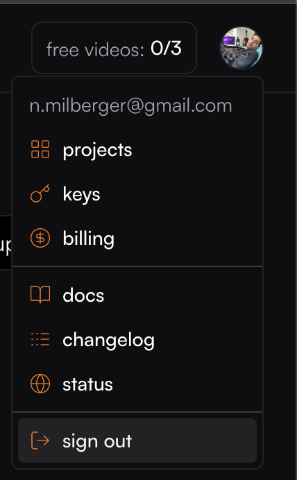 Image of a user menu on a dark dashboard showing profile email, navigation items (projects, keys, billing, docs, changelog, status) and a highlighted sign out option.