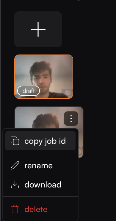 Mobile interface showing a list item with a video thumbnail and three-dot menu open containing options like copy job id, rename, download, and delete