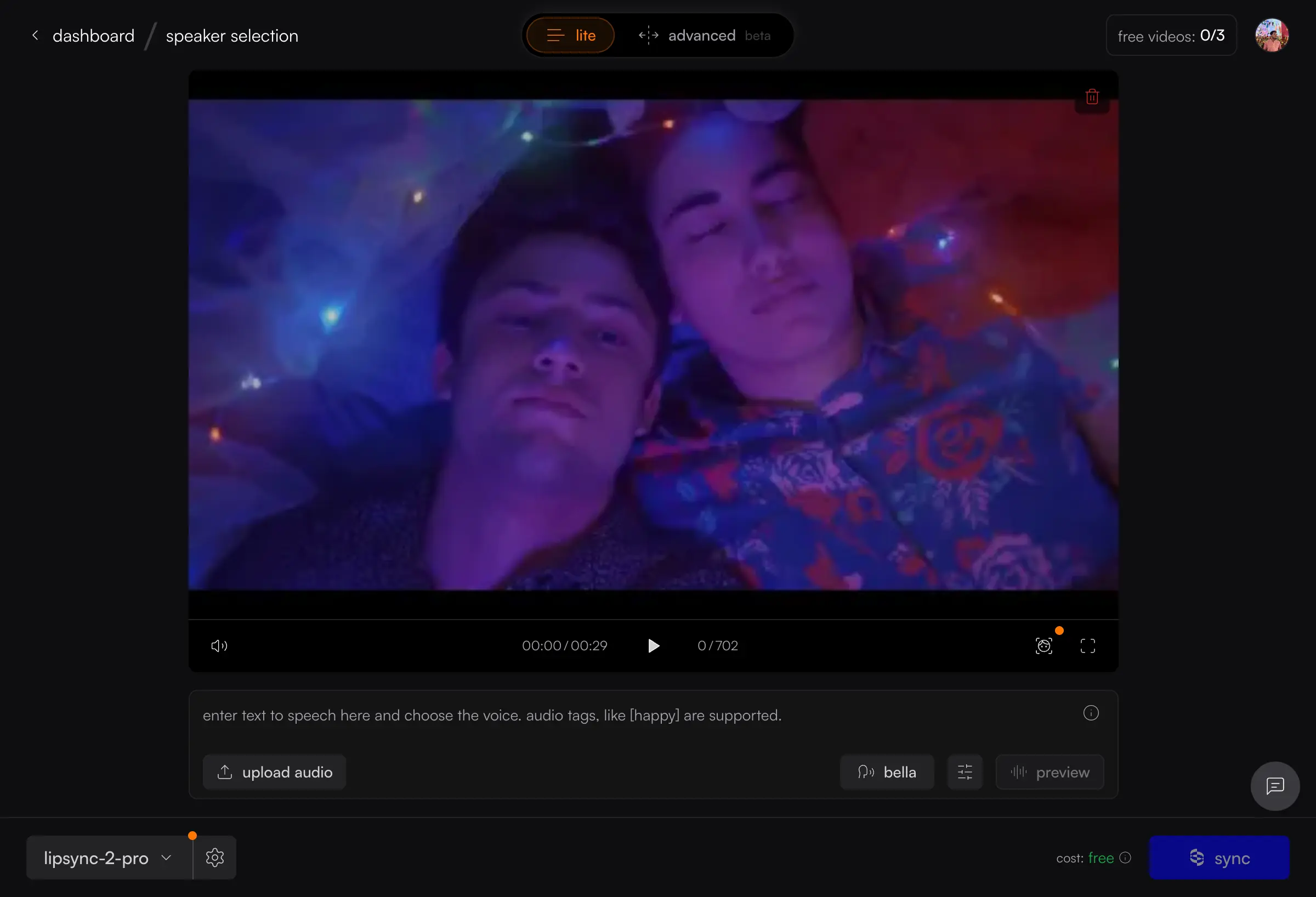 Video editing interface showing a paused video with playback controls and speaker selection option visible