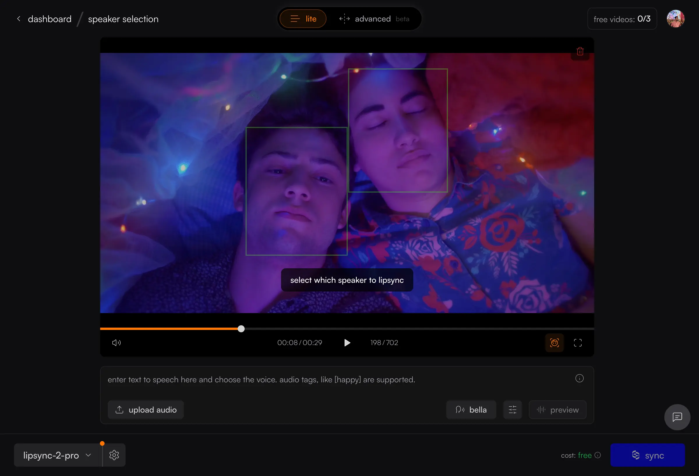 Web app interface showing a video with two highlighted speaker boxes and a button labeled 'select which speaker to lipsync'