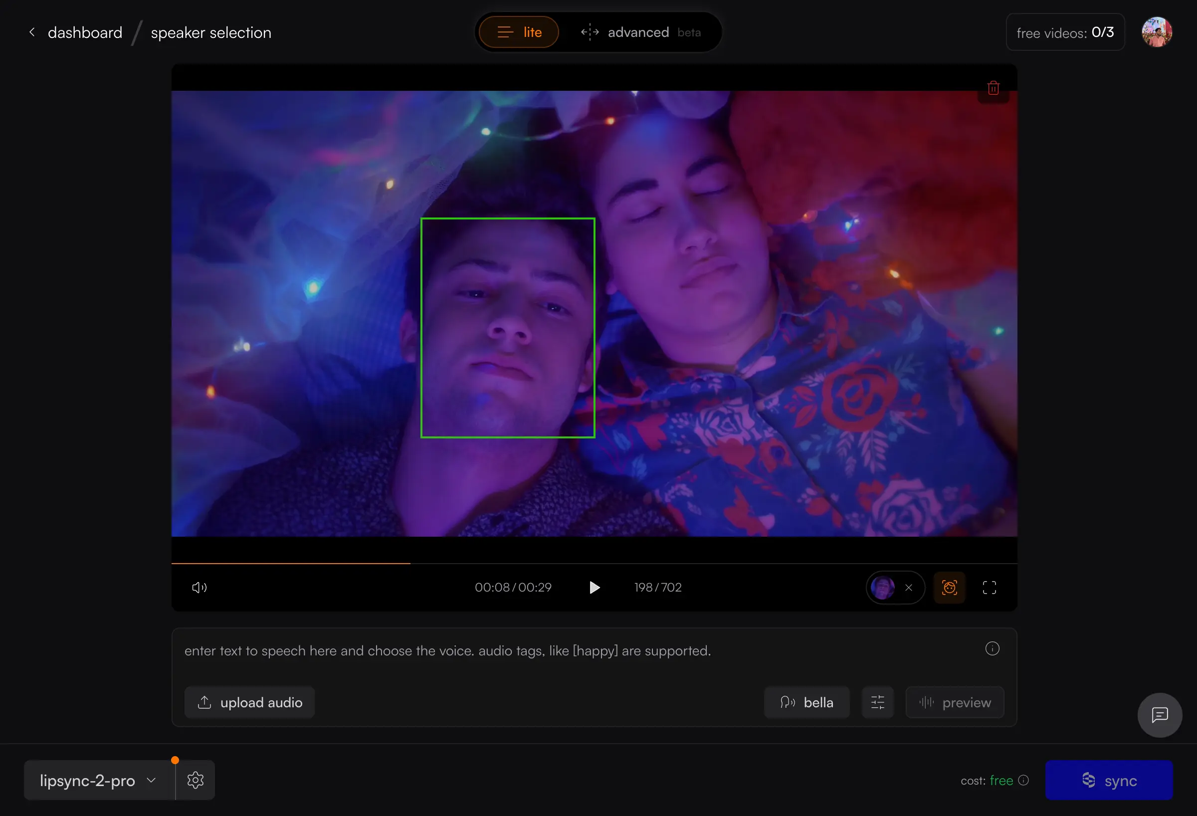 Video editing interface showing a frame with two people, a green outline around the selected person, and UI elements for syncing