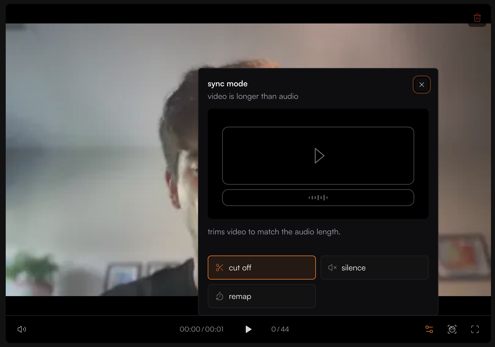Image of a video editing interface showing a sync mode dialog where the video is shorter than the audio and options to loop, bounce, or remap are displayed