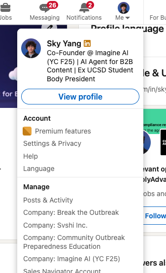 LinkedIn profile dropdown menu showing Settings and Privacy option