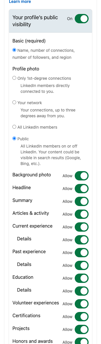LinkedIn profile visibility settings showing various sections including Articles & activity toggle