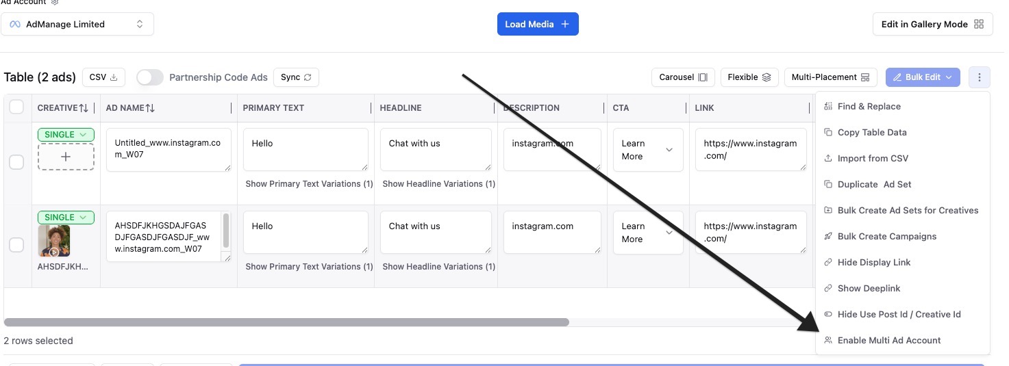 Enable Multi Ad Account option in Table Mode Enable Multi Ad Account option in Table Mode