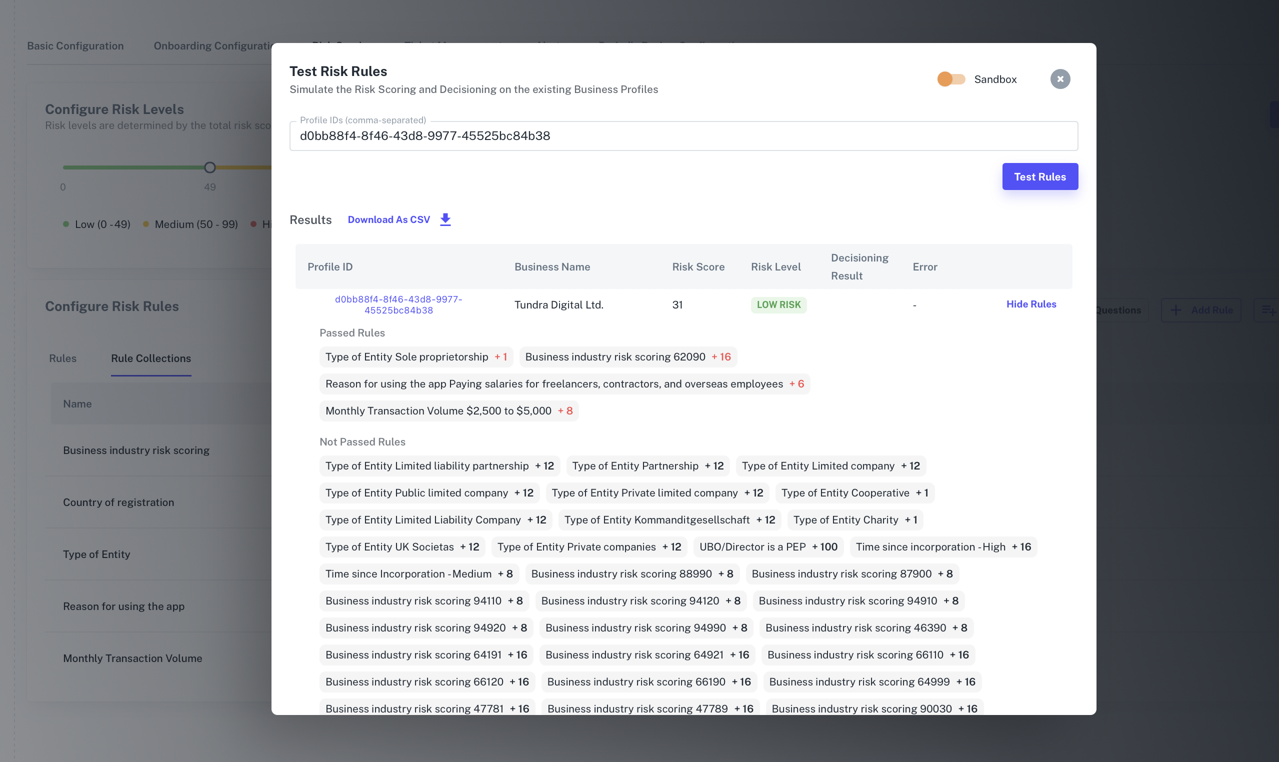 Image of a software UI panel titled 'Test Risk Rules' showing a risk scoring result for a profile, with a list of passed and not passed rules and a 'Test Rules' button.