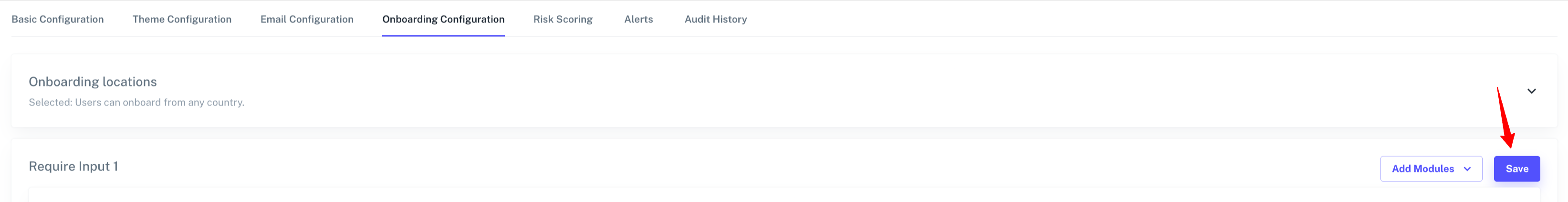 Image of a software interface showing an onboarding configuration page with a prominent Save button and a highlighted Add Modules option.