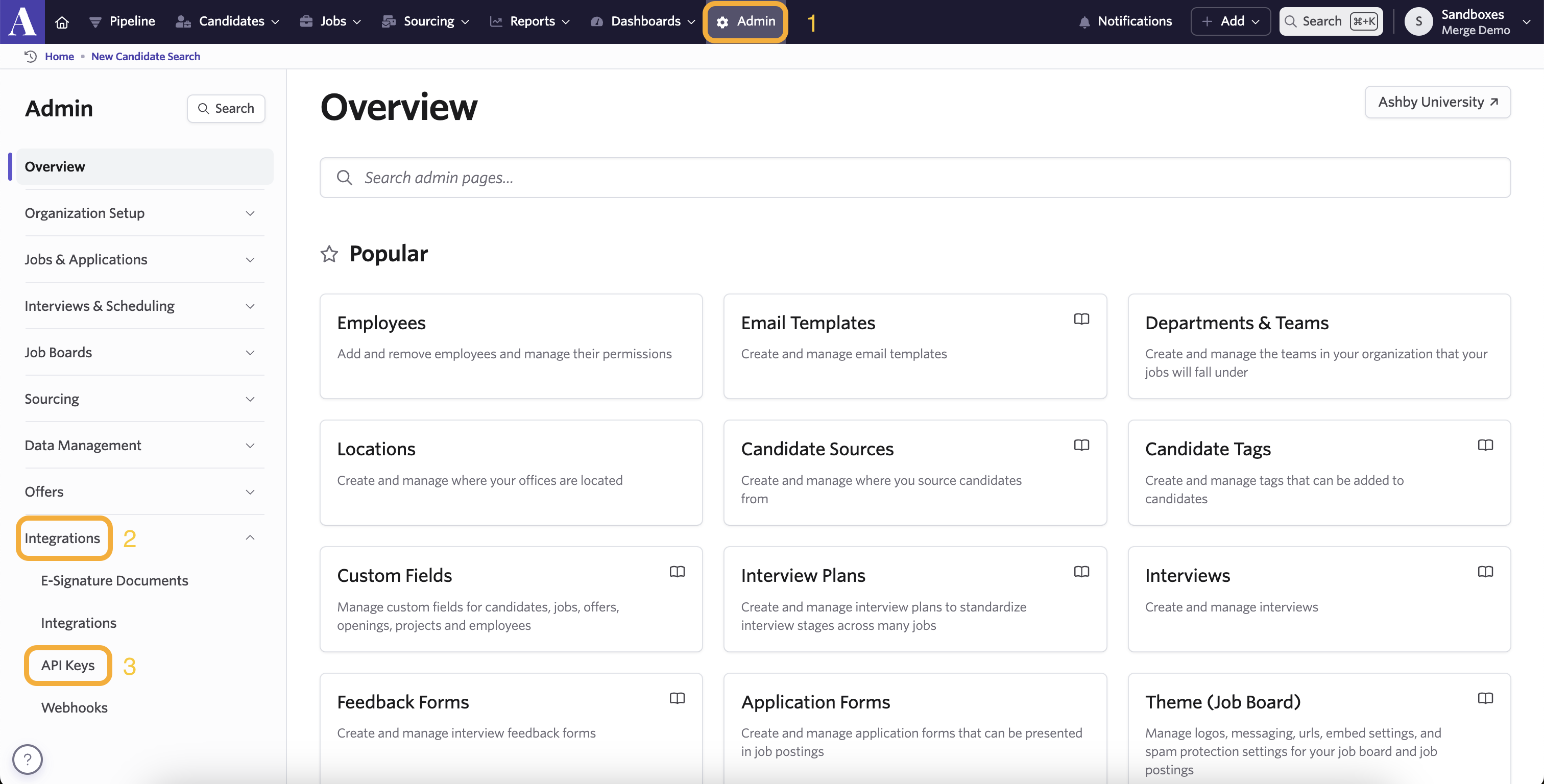 In Ashby, click on Admin > Integrations > API Keys