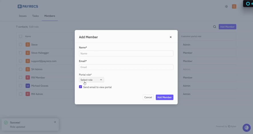 Add Member pop-up form with Name, Email, and Portal role fields