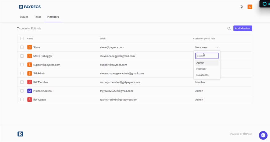 Role dropdown showing Admin, Member, and No access options