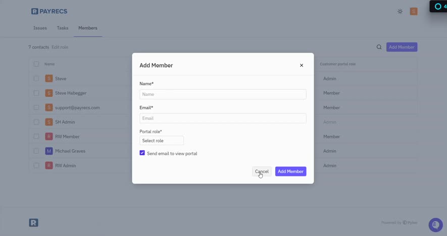 Add Member dialog with Cancel and Add Member buttons