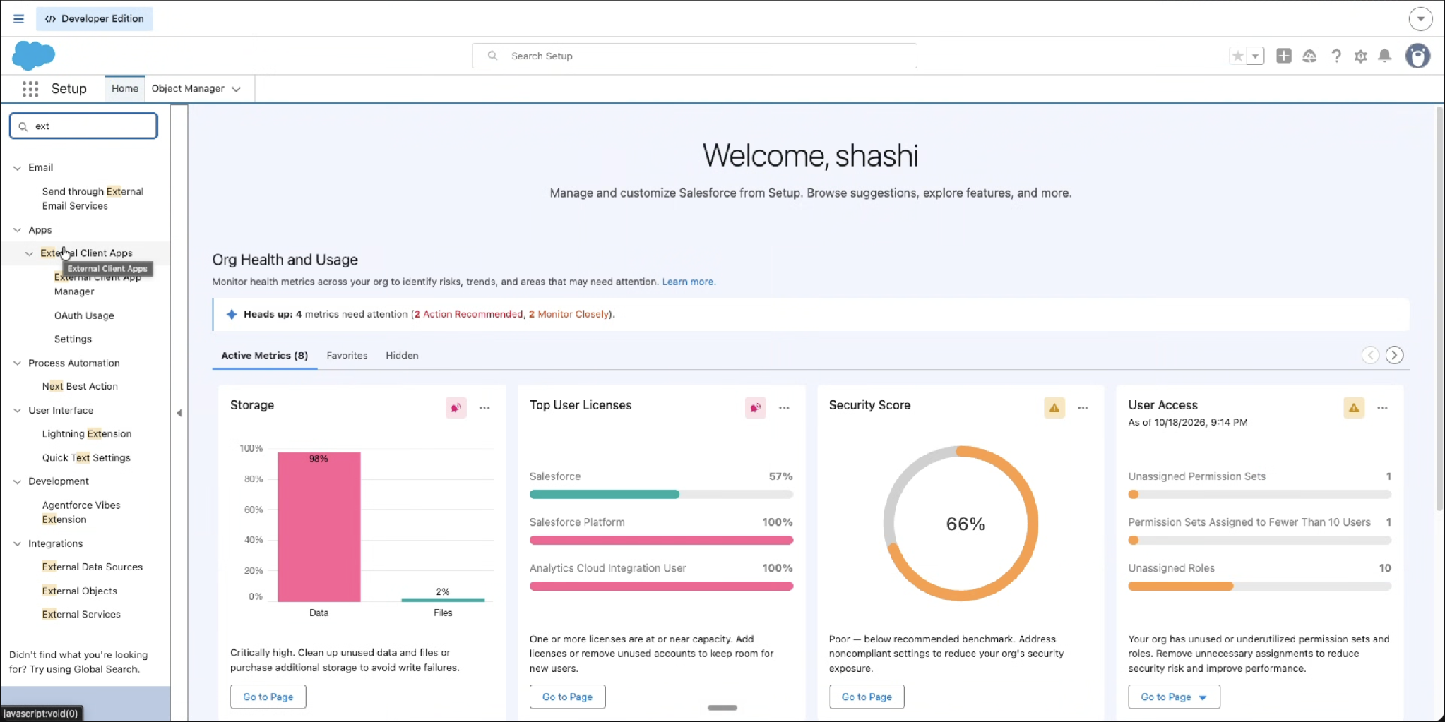 Setup Quick Find showing External Client Apps and External Client App Manager