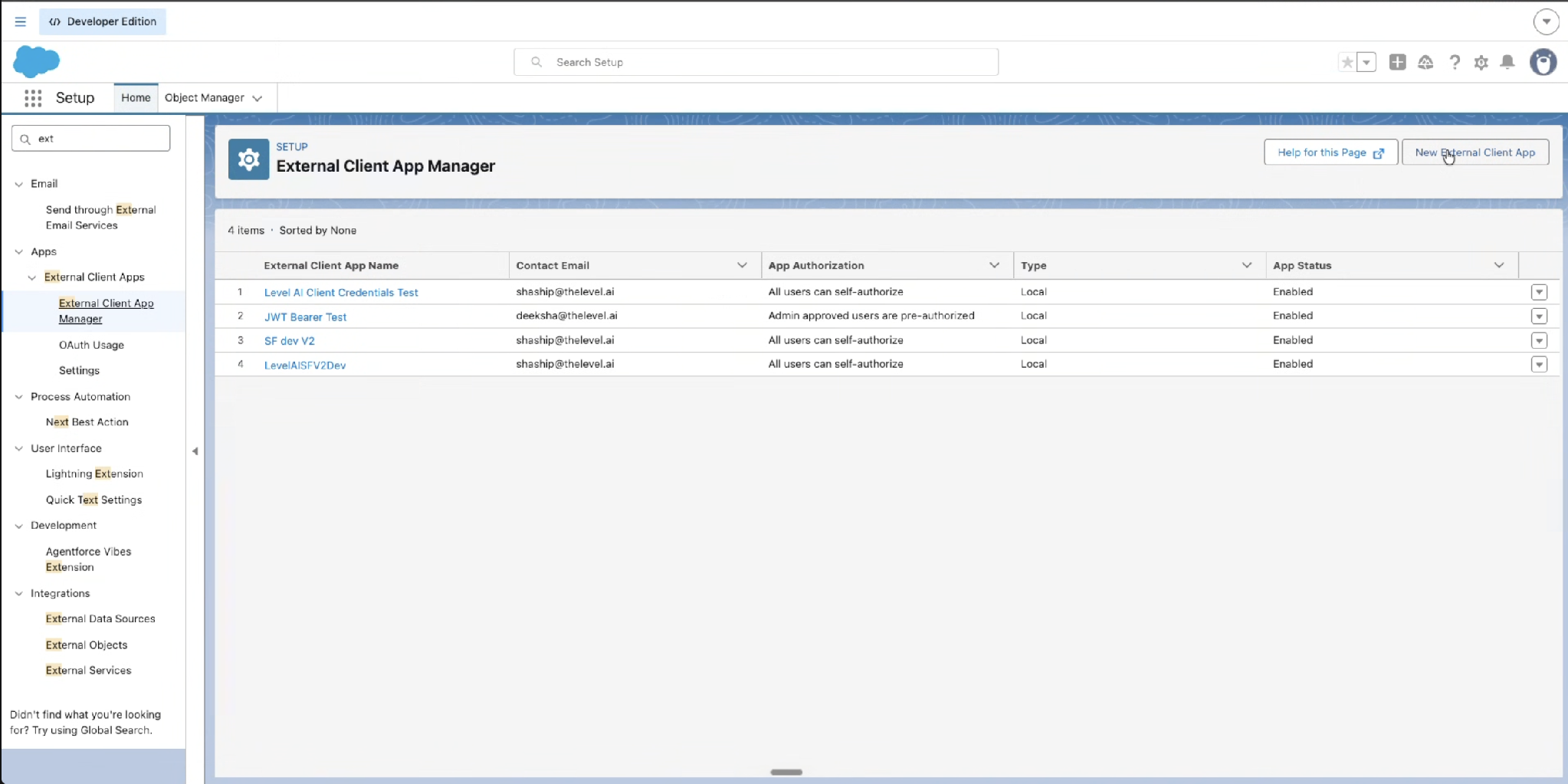 External Client App Manager list with the New External Client App button