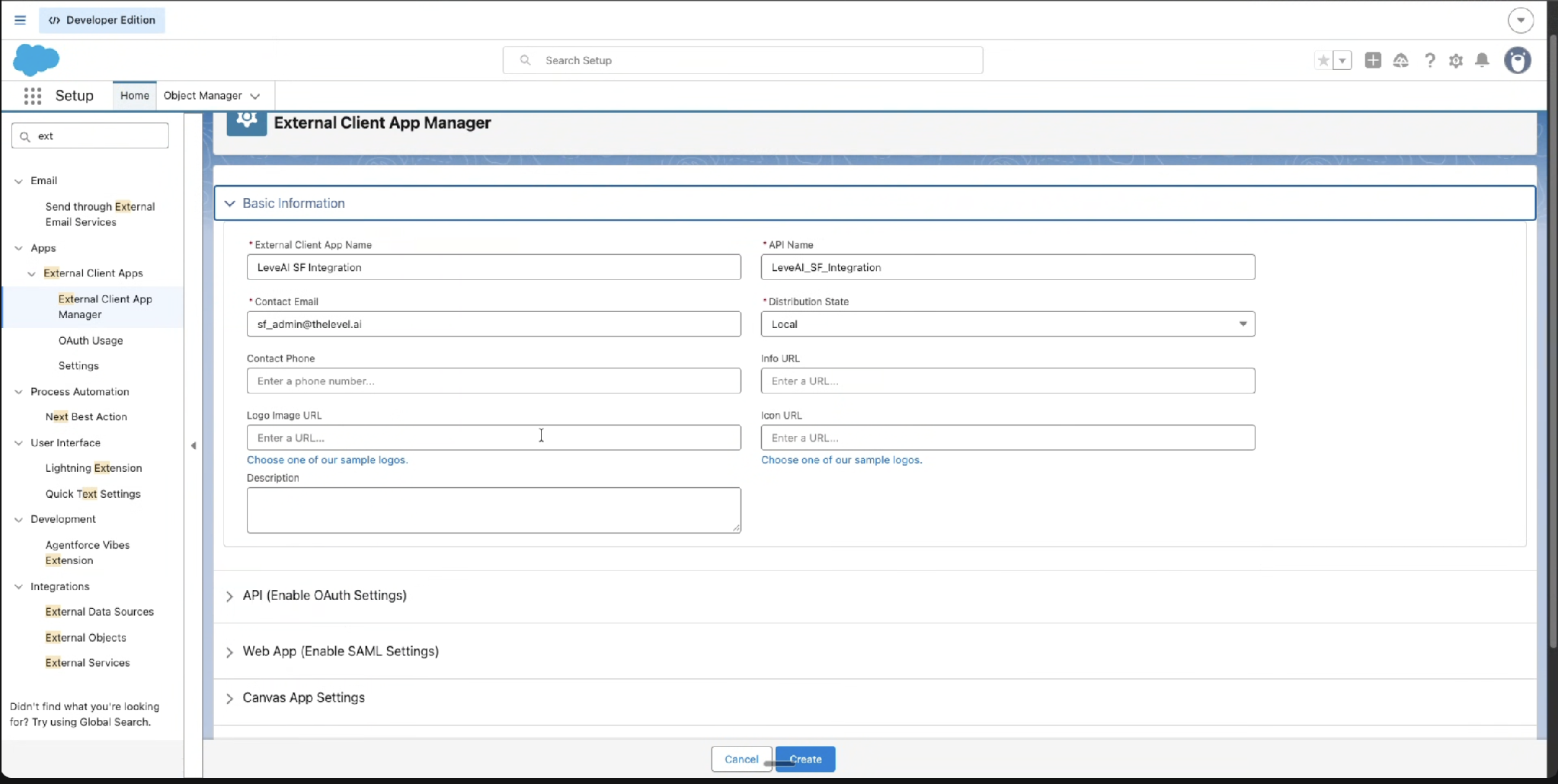 Basic Information section with name, API name, contact email, and Distribution State set to Local