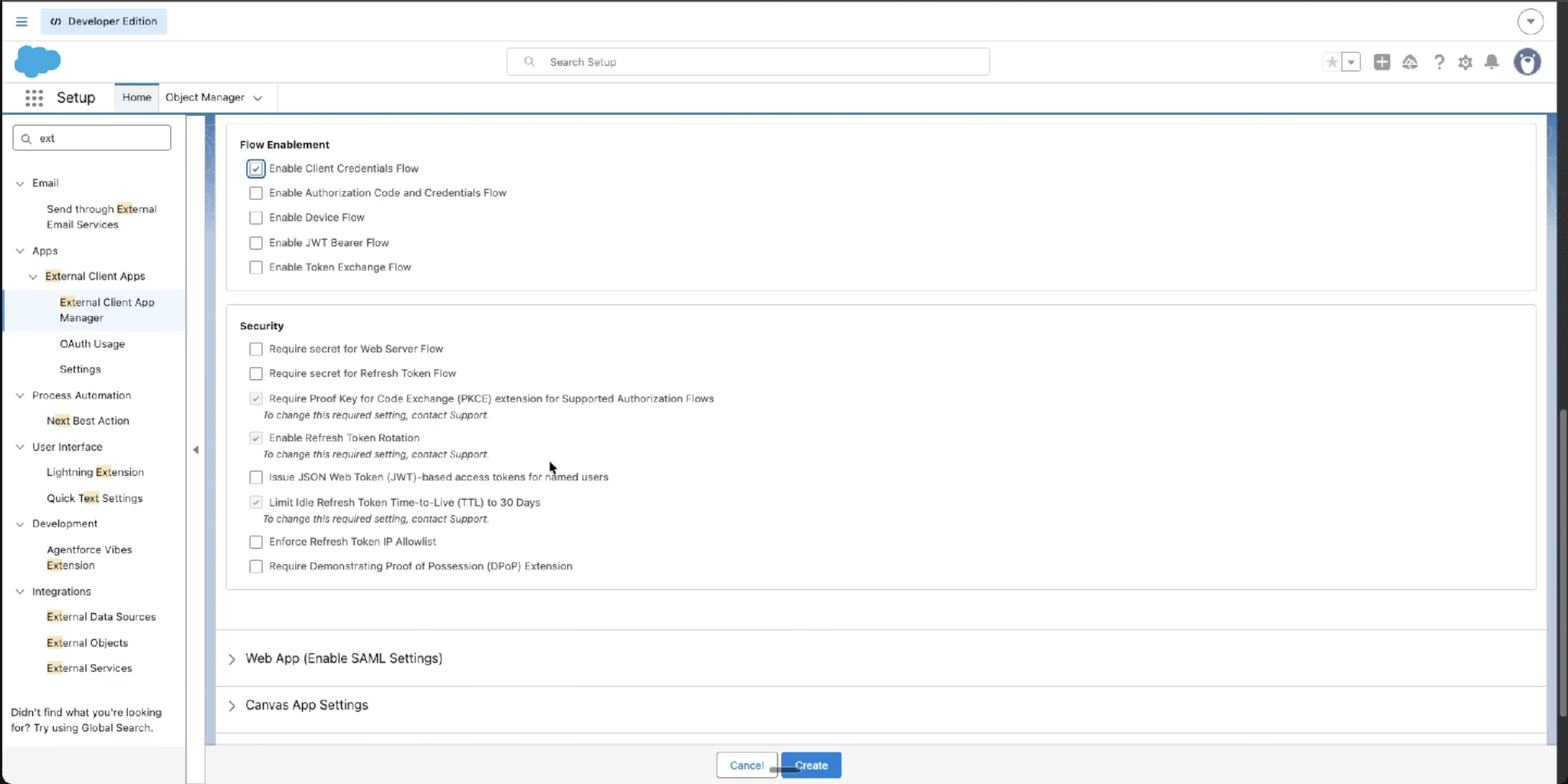 Flow Enablement with only Enable Client Credentials Flow ticked, and the Security section at defaults