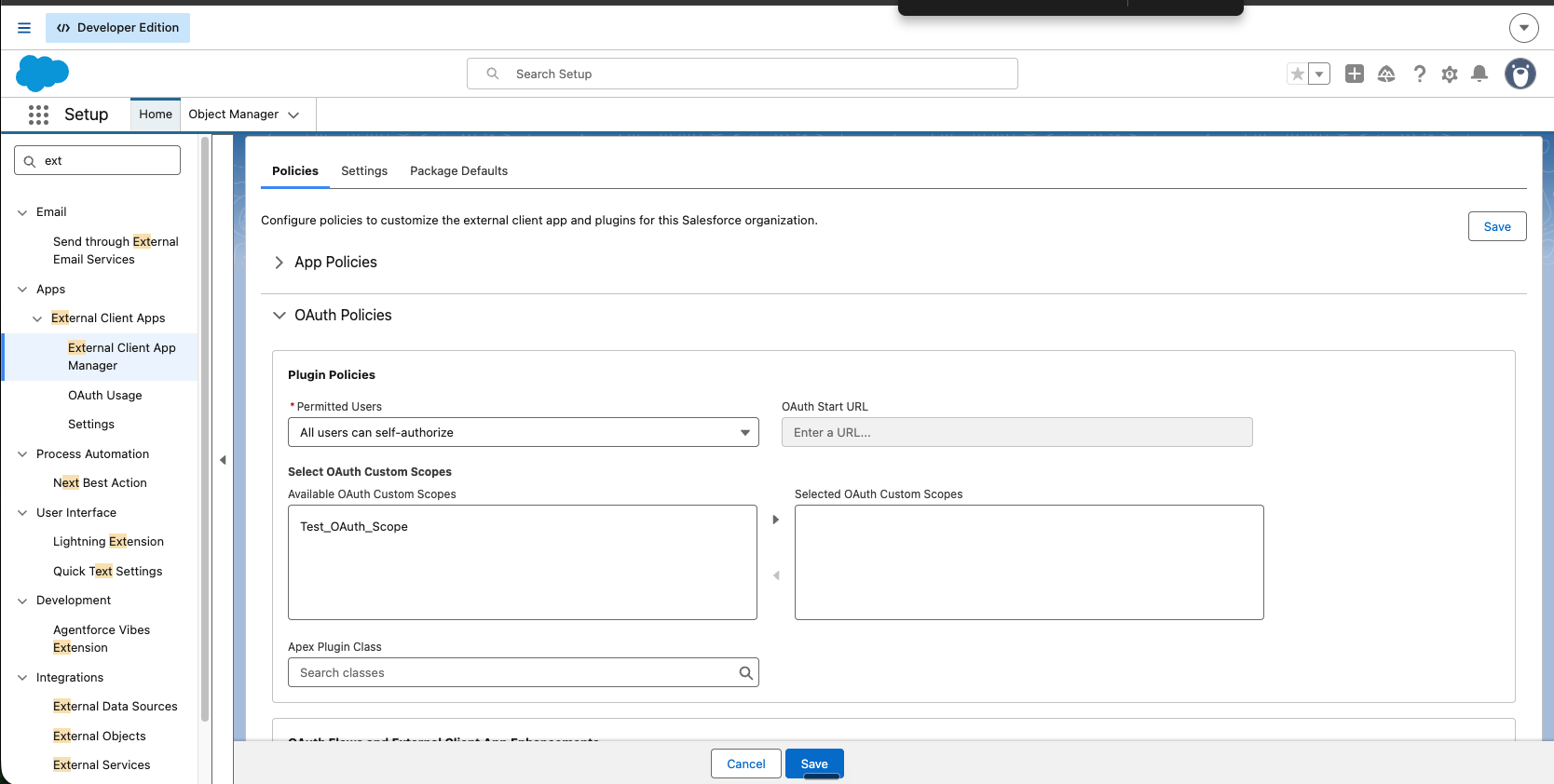 Policies tab with OAuth Policies expanded and Permitted Users set to All users can self-authorize