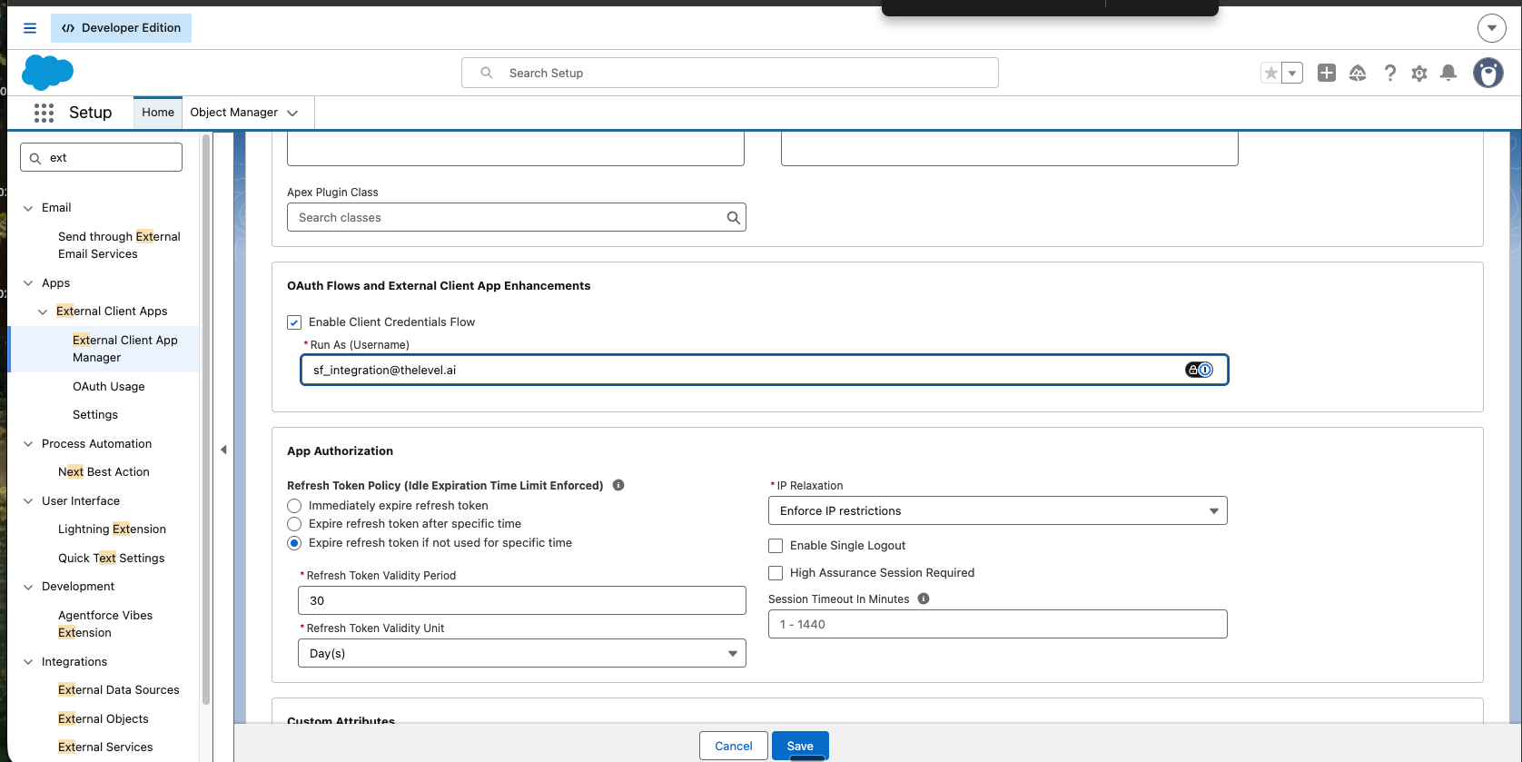 OAuth Flows and External Client App Enhancements with Enable Client Credentials Flow ticked and the Run As username filled in