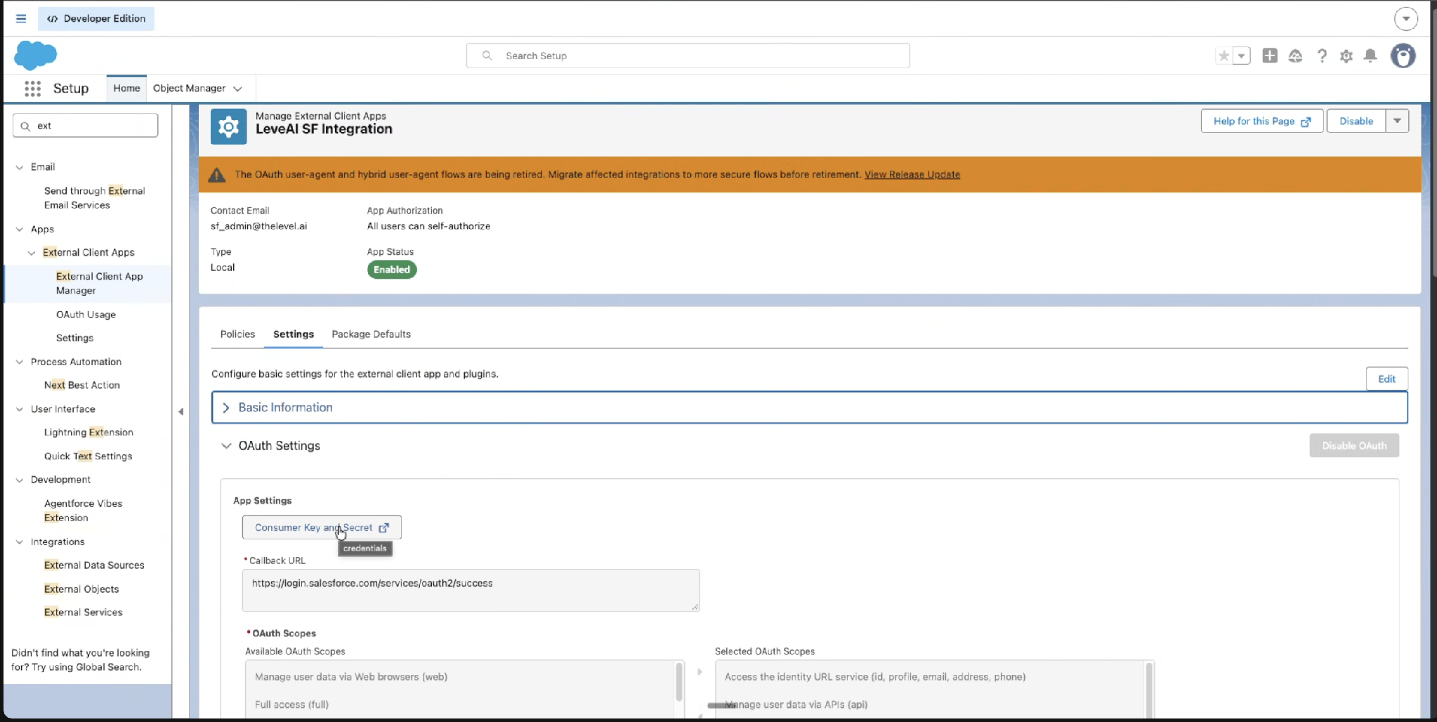 App page on the Settings tab with the Consumer Key and Secret button under OAuth Settings