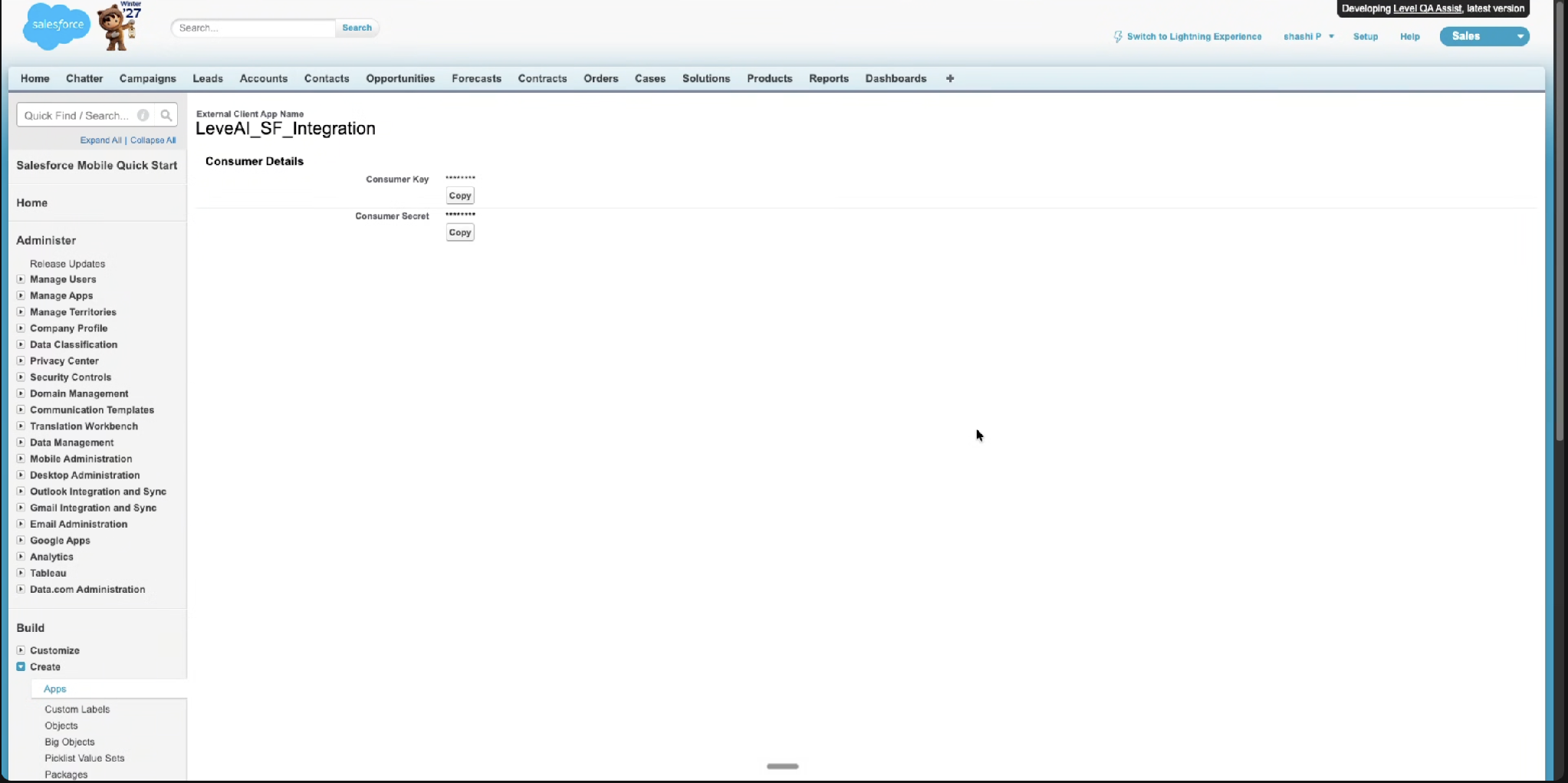 Consumer Details page with Copy buttons for Consumer Key and Consumer Secret