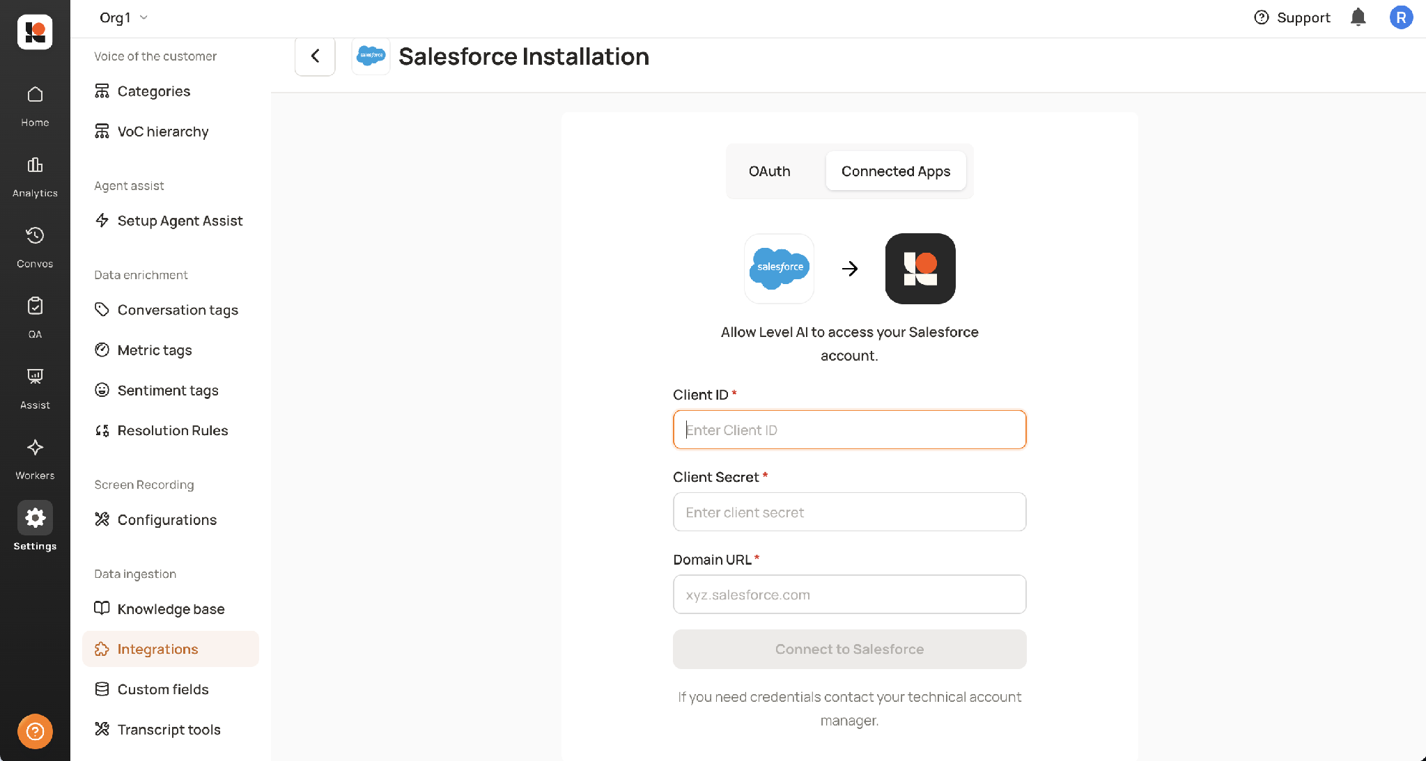 Salesforce Installation page on the Connected Apps tab with empty fields