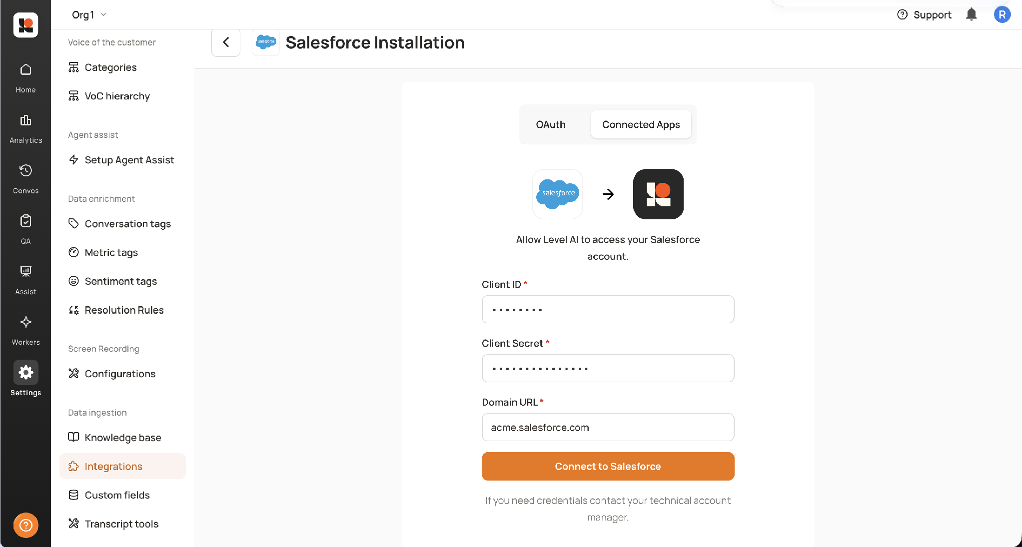 Connected Apps form filled in, with Connect to Salesforce enabled