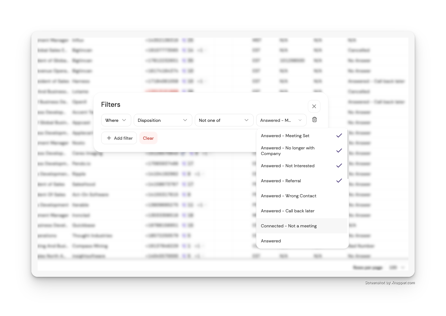 Image of a user interface panel labeled 'Filters' with multiple dropdown fields and action buttons for adding filters, clearing, and completing, arranged in two rows.