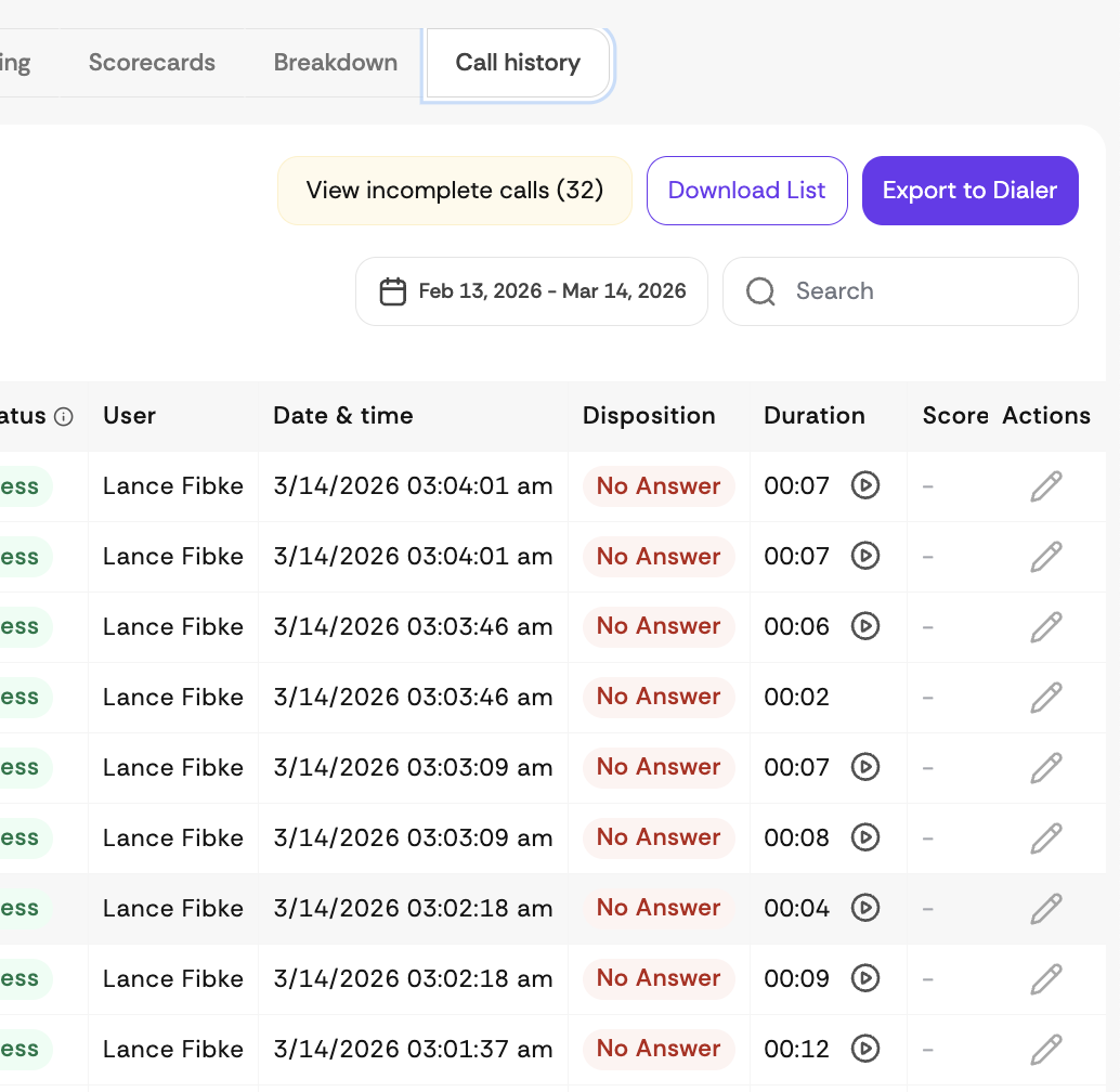 Image of a call history dashboard showing incomplete calls with status, a list of entries with date/time stamps, and action icons, plus buttons for View incomplete calls, Download List, and Export to Dialer.