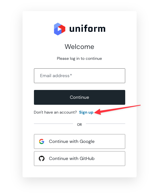 Image of a login screen for uniform with fields for email, a Continue button, a 'Don't have an account? Sign up' link, and options to continue with Google or GitHub.