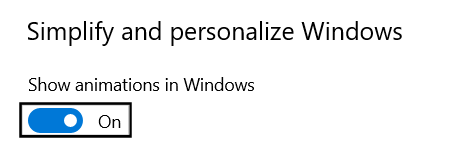 Image of a Windows settings page titled 'Simplify and personalize Windows' with a toggle switch set to On for 'Show animations in Windows.'