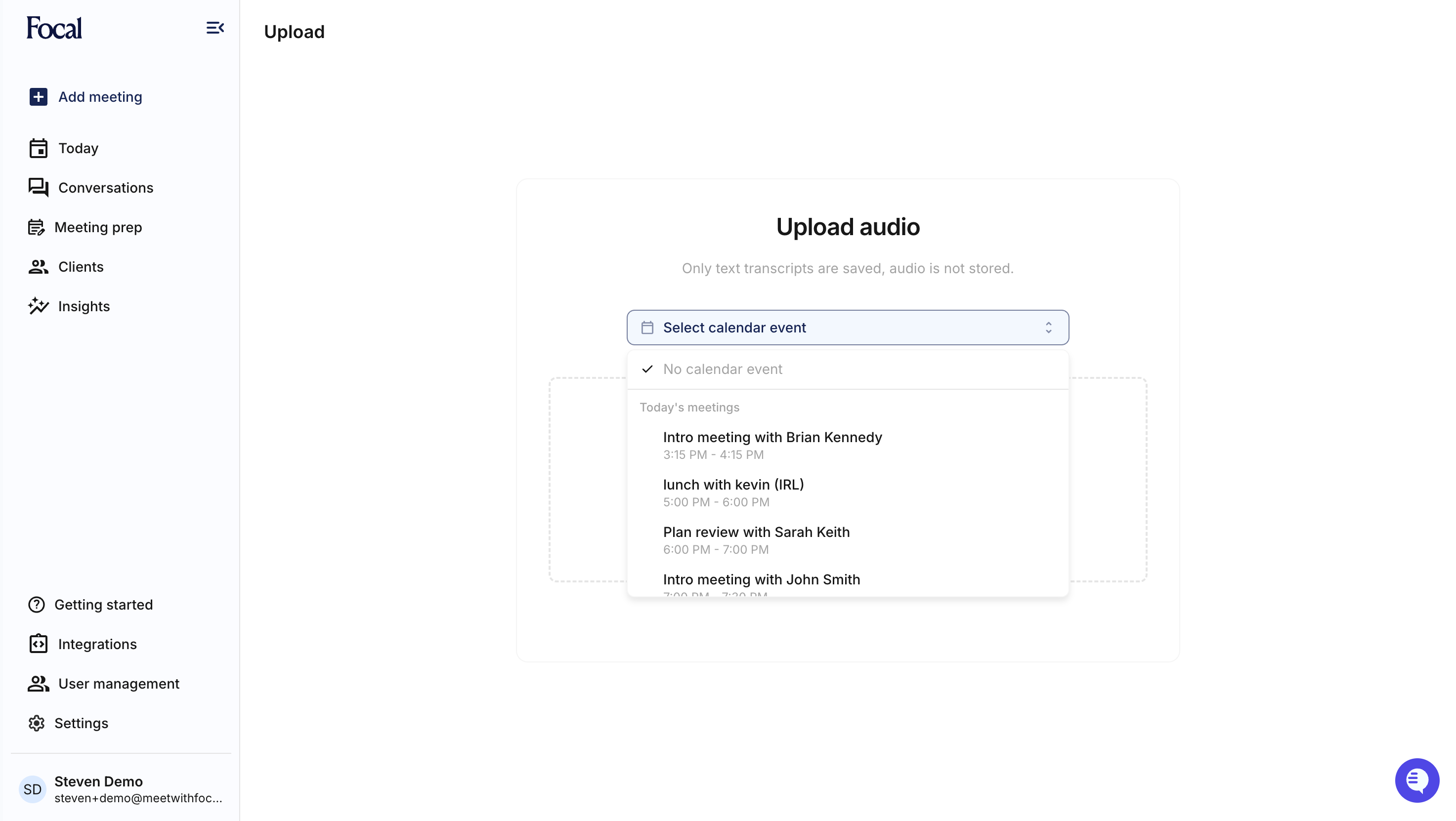 Upload audio page with Select calendar event dropdown open Upload audio page with Select calendar event dropdown open