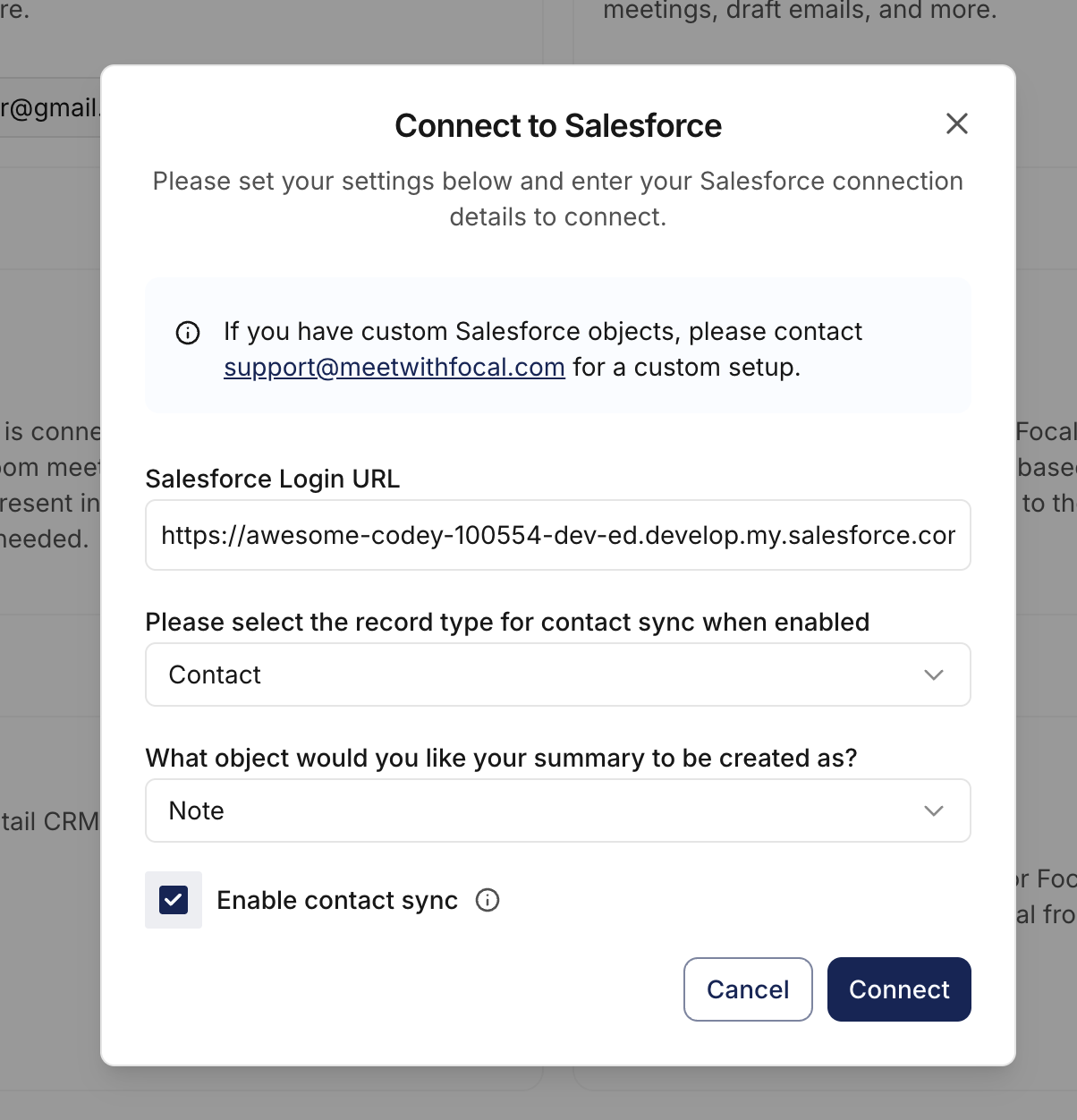 Connect to Salesforce modal with Enable contact sync checkbox selected Connect to Salesforce modal with Enable contact sync checkbox selected