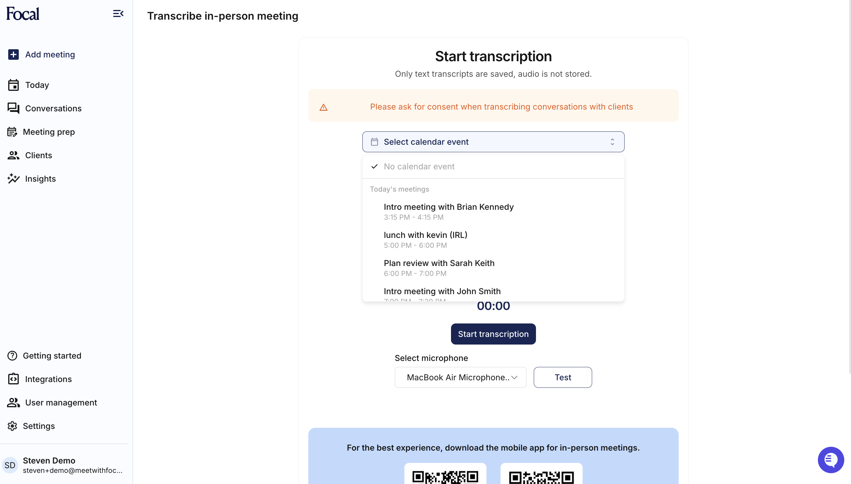 Transcribe in-person meeting page with Select calendar event dropdown open Transcribe in-person meeting page with Select calendar event dropdown open
