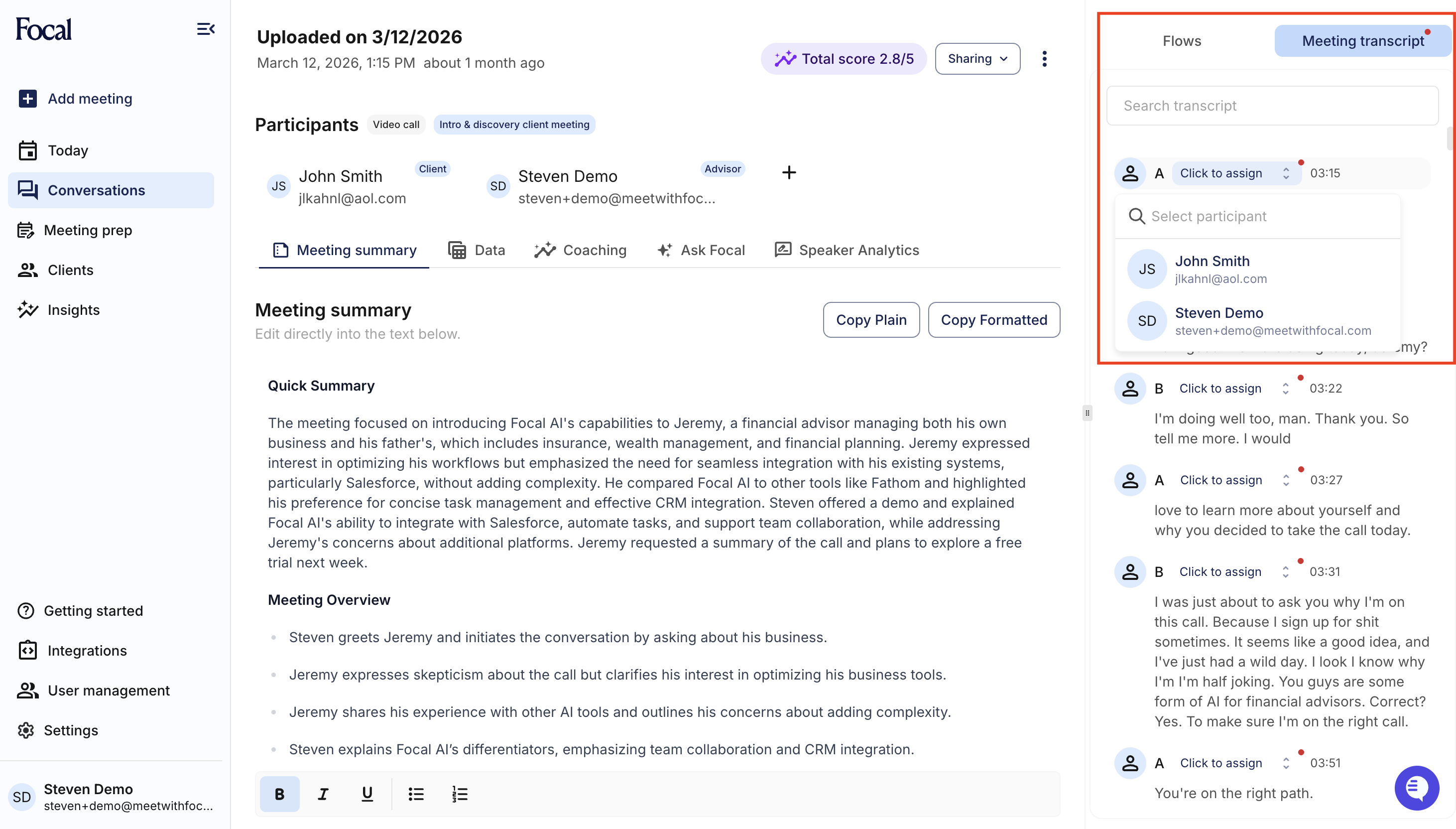 Meeting summary with Meeting transcript panel open and Click to assign dropdowns visible Meeting summary with Meeting transcript panel open and Click to assign dropdowns visible