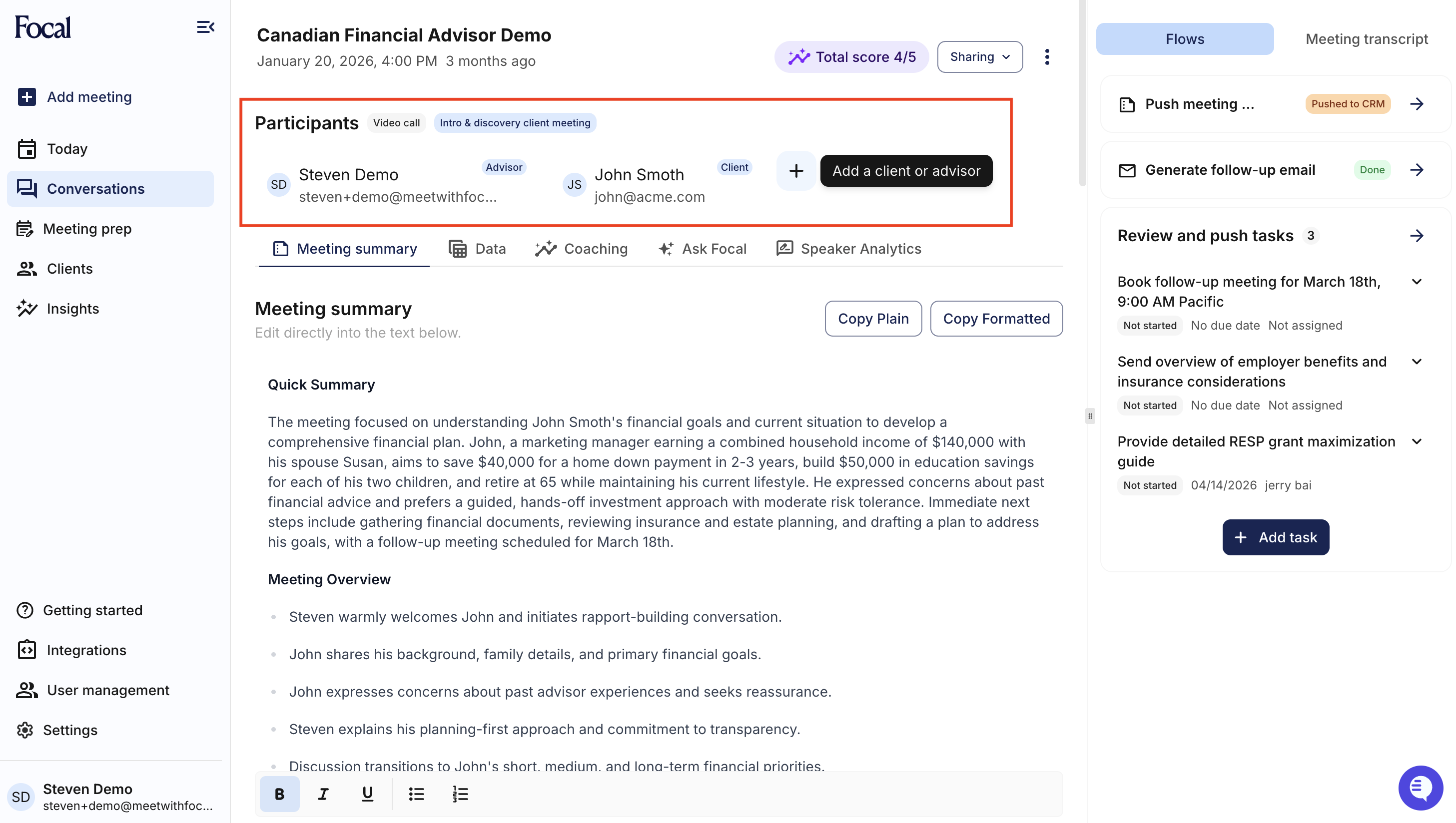 Meeting summary with Participants section highlighted Meeting summary with Participants section highlighted